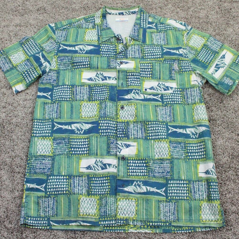 Columbia PFG Bahama Shirt Mens M Green Blue Fishing Short Sleeve
